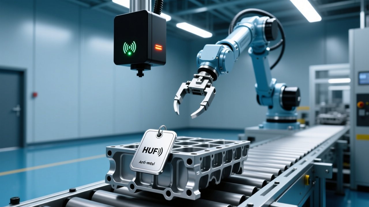UHF RFID anti-metal tag on automotive engine block with industrial reader and antenna in smart factory production line