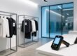 European retail store with RFID-tagged clothing and handheld RFID scanner on modern display