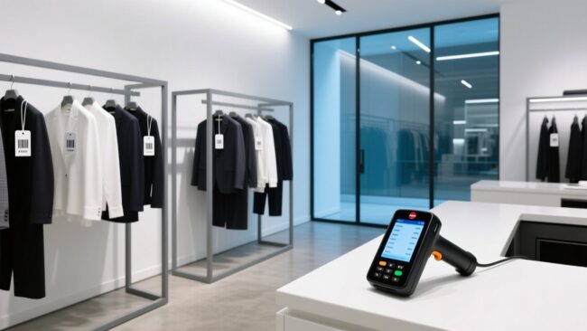 blog-cover-1781511356269 European retail store with RFID-tagged clothing and handheld RFID scanner on modern display