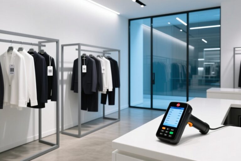 European retail store with RFID-tagged clothing and handheld RFID scanner on modern display