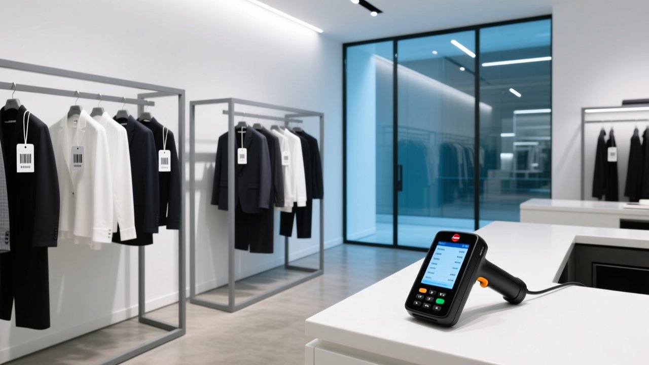 European retail store with RFID-tagged clothing and handheld RFID scanner on modern display