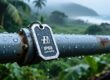 IP68 waterproof UHF RFID tag on outdoor industrial pipe in tropical rain, green foliage background