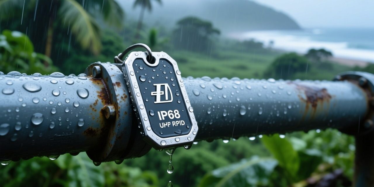 blog-cover-1781511478133 IP68 waterproof UHF RFID tag on outdoor industrial pipe in tropical rain, green foliage background