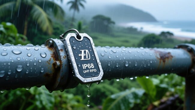 blog-cover-1781511478133 IP68 waterproof UHF RFID tag on outdoor industrial pipe in tropical rain, green foliage background
