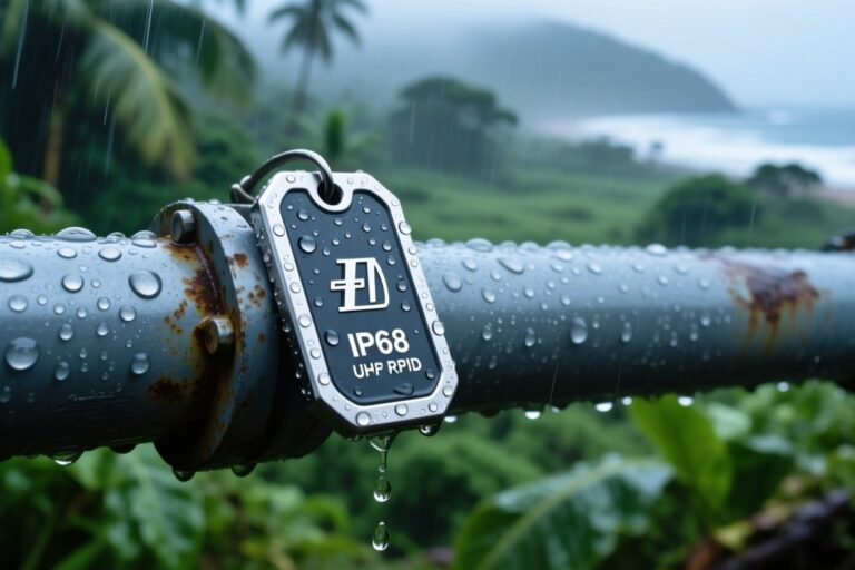 IP68 waterproof UHF RFID tag on outdoor industrial pipe in tropical rain, green foliage background