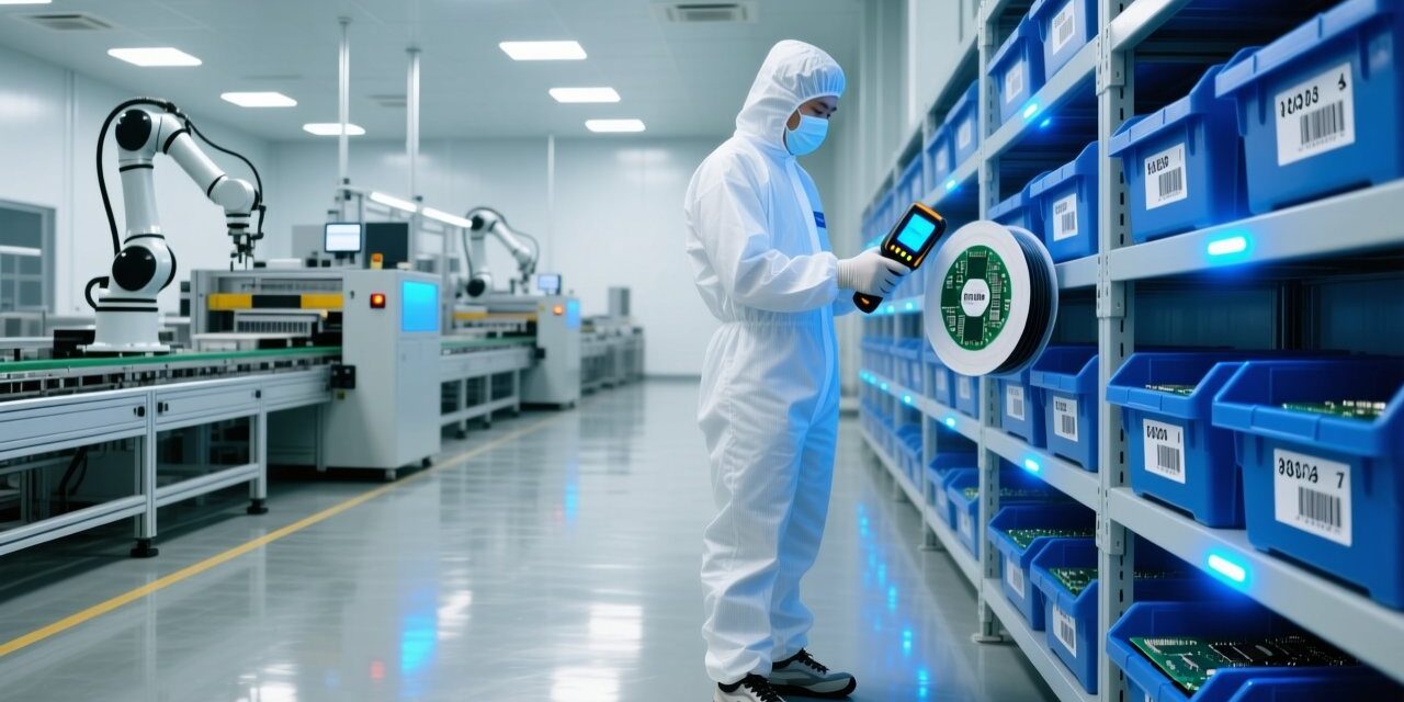 RFID inventory management in a modern Vietnamese electronics factory with handheld scanner and tagged components