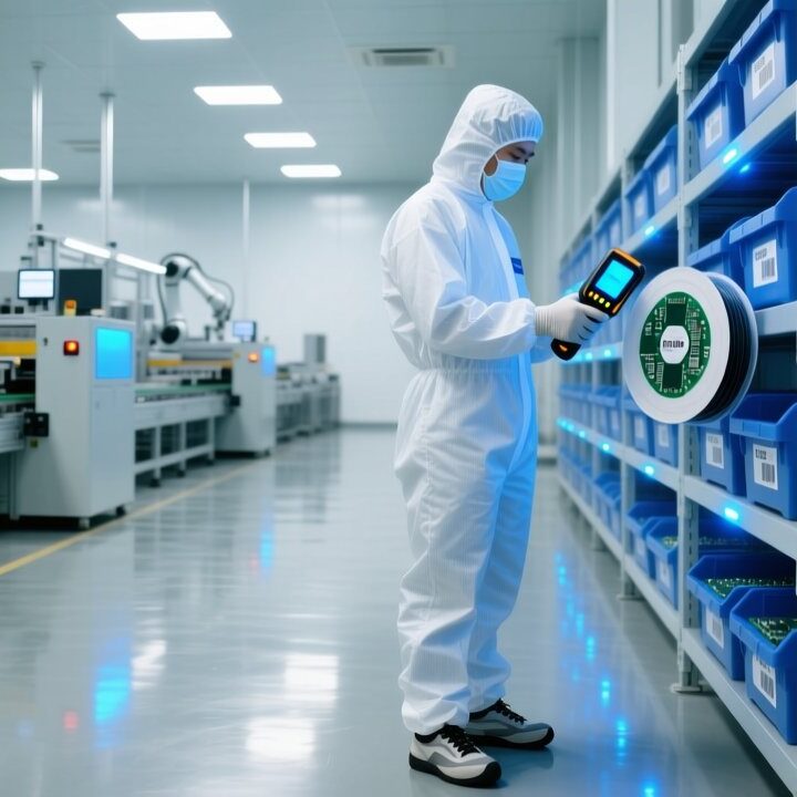 RFID inventory management in a modern Vietnamese electronics factory with handheld scanner and tagged components