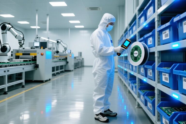 RFID inventory management in a modern Vietnamese electronics factory with handheld scanner and tagged components