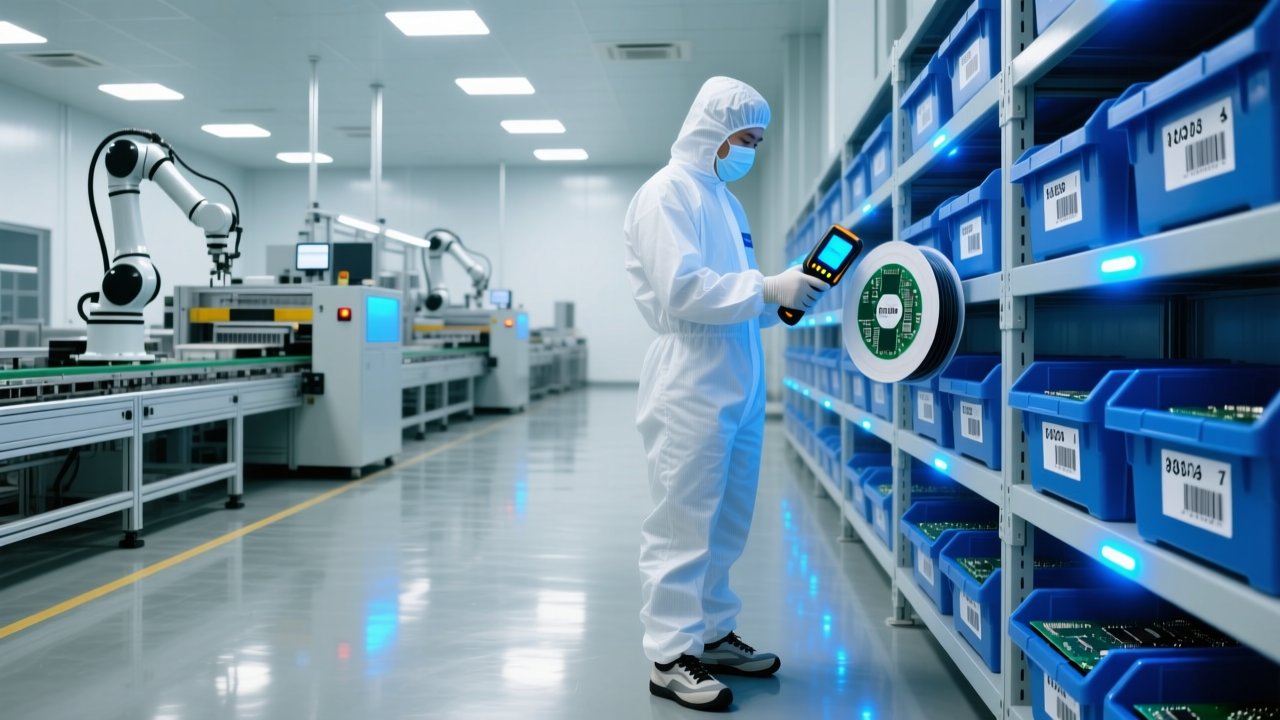 RFID inventory management in a modern Vietnamese electronics factory with handheld scanner and tagged components