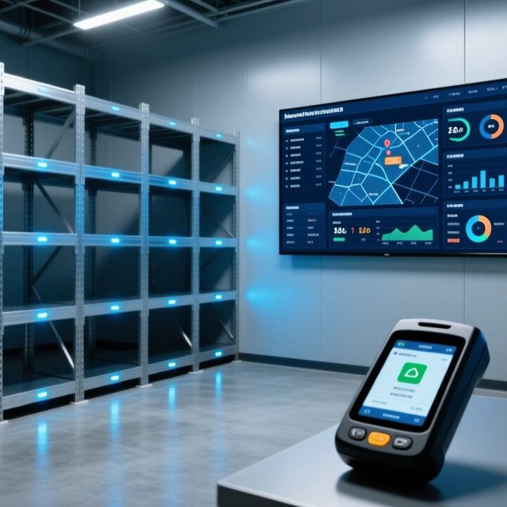 Professional RFID tag selection guide with UHF tags and industrial scanner on blue background