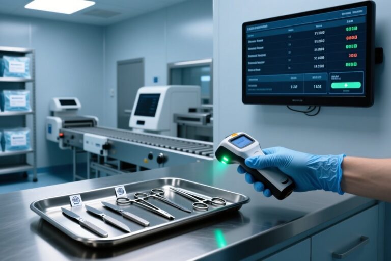 High-temperature RFID tag on surgical instrument being scanned in sterilization facility