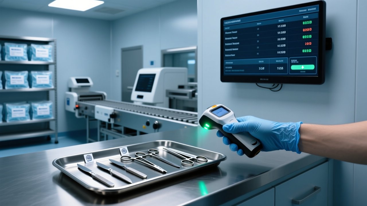 High-temperature RFID tag on surgical instrument being scanned in sterilization facility