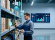 Retail warehouse RFID inventory scanning with handheld reader and digital dashboard showing stock data