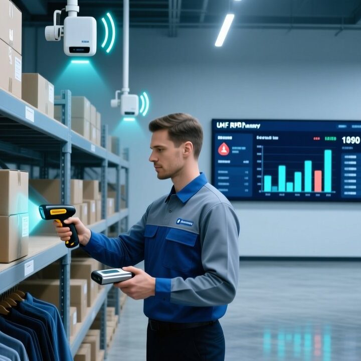 Retail warehouse RFID inventory scanning with handheld reader and digital dashboard showing stock data