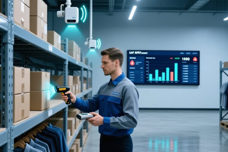 Retail warehouse RFID inventory scanning with handheld reader and digital dashboard showing stock data