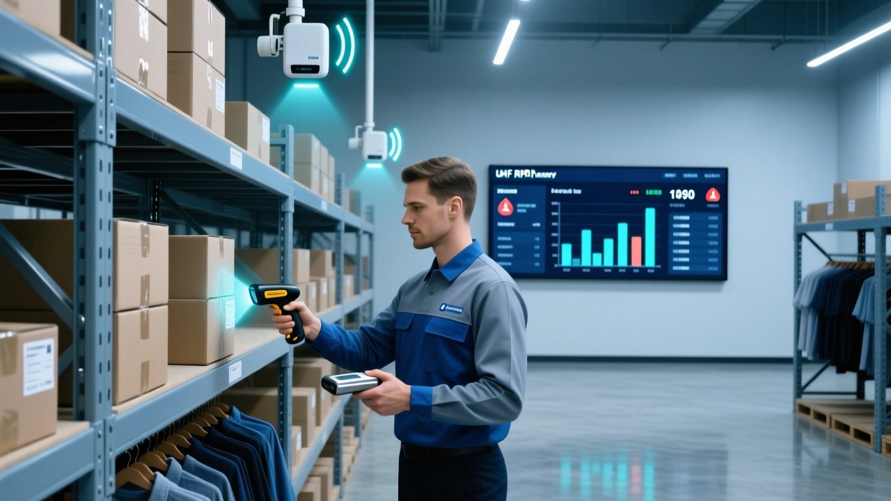 Retail warehouse RFID inventory scanning with handheld reader and digital dashboard showing stock data