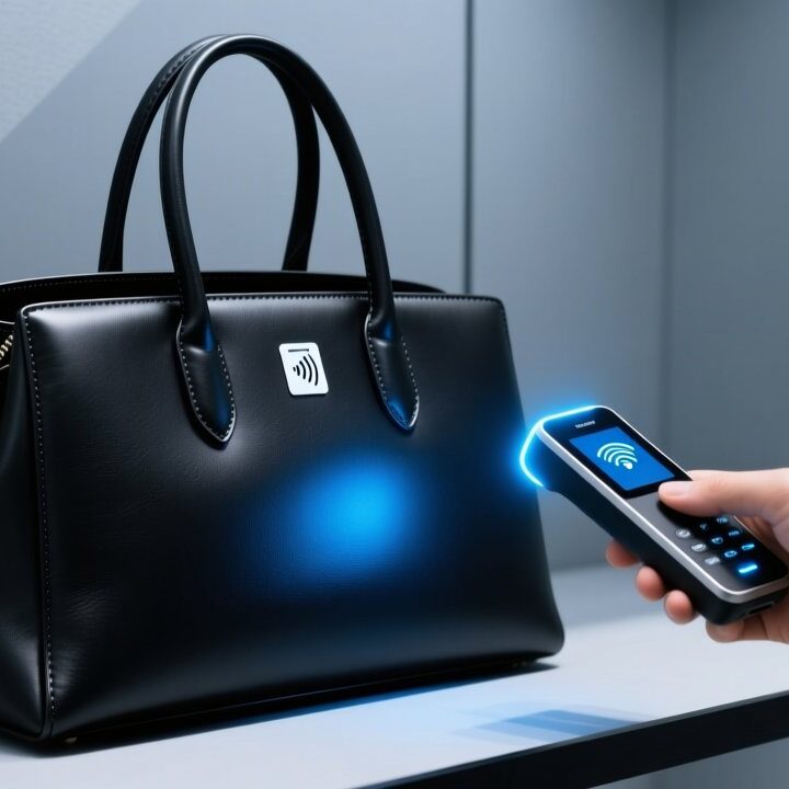 Dual-frequency RFID tag embedded in luxury handbag for anti-counterfeiting authentication