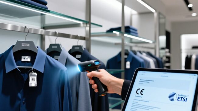 European retail RFID tag standards comparison with tags, reader and regulation document on neutral background