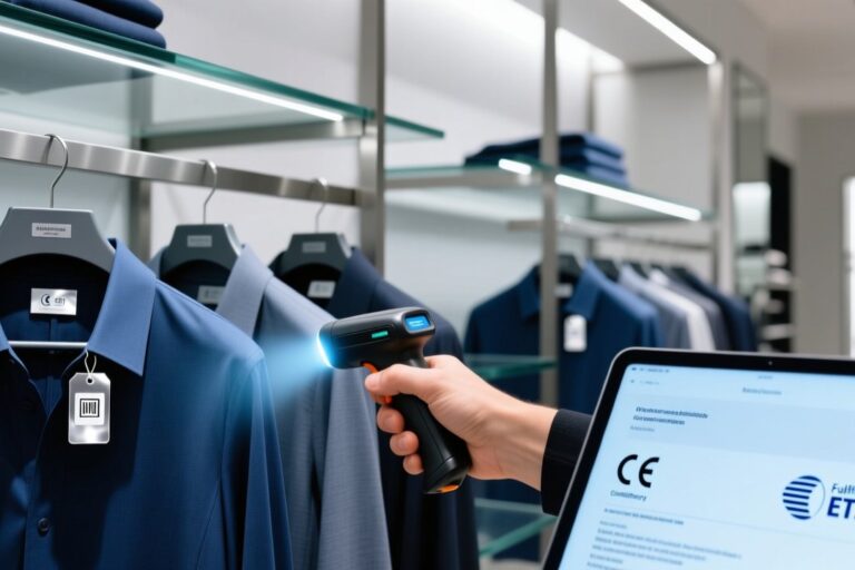 European retail RFID tag standards comparison with tags, reader and regulation document on neutral background