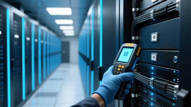 Data center RFID asset tracking with server racks and handheld scanner