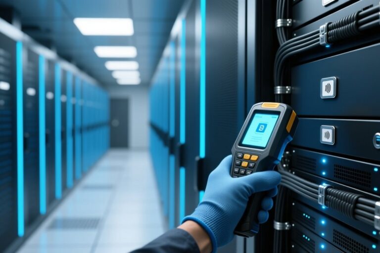 Data center RFID asset tracking with server racks and handheld scanner