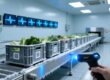 RFID temperature tag on fresh produce crate for EU food safety traceability, cold chain monitoring in logistics center