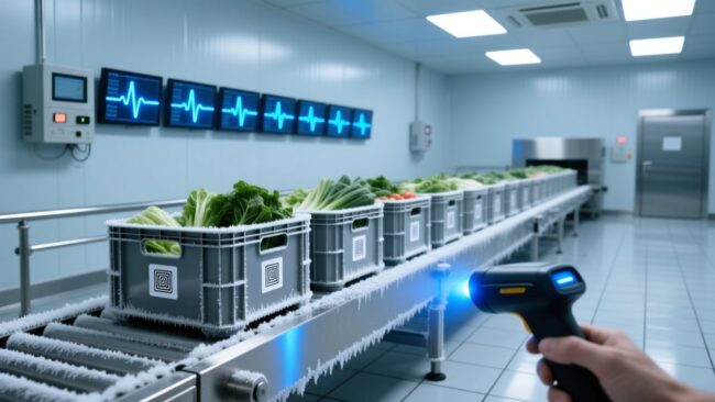 blog-cover-1782264687036 RFID temperature tag on fresh produce crate for EU food safety traceability, cold chain monitoring in logistics center