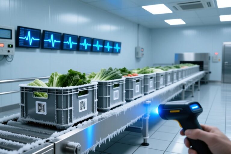 RFID temperature tag on fresh produce crate for EU food safety traceability, cold chain monitoring in logistics center