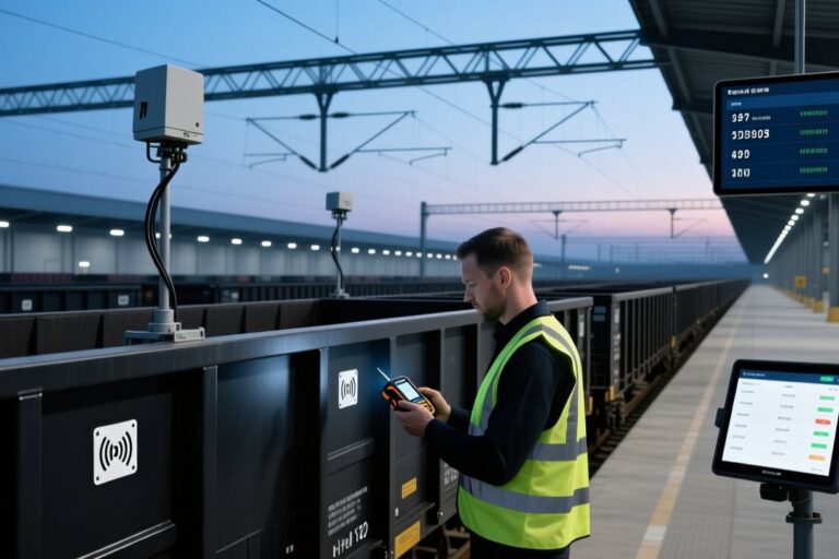 UHF RFID tags on European freight wagons and handheld scanner in rail yard