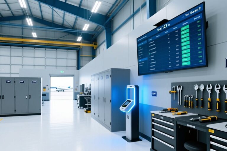 UHF RFID tool tracking system in European aviation MRO hangar with tagged tools and fixed reader portal
