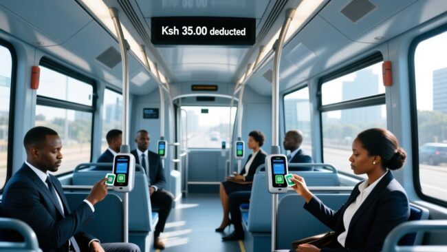 Nairobi smart bus RFID ticketing with passenger tapping contactless card on validator