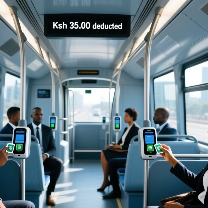 Nairobi smart bus RFID ticketing with passenger tapping contactless card on validator