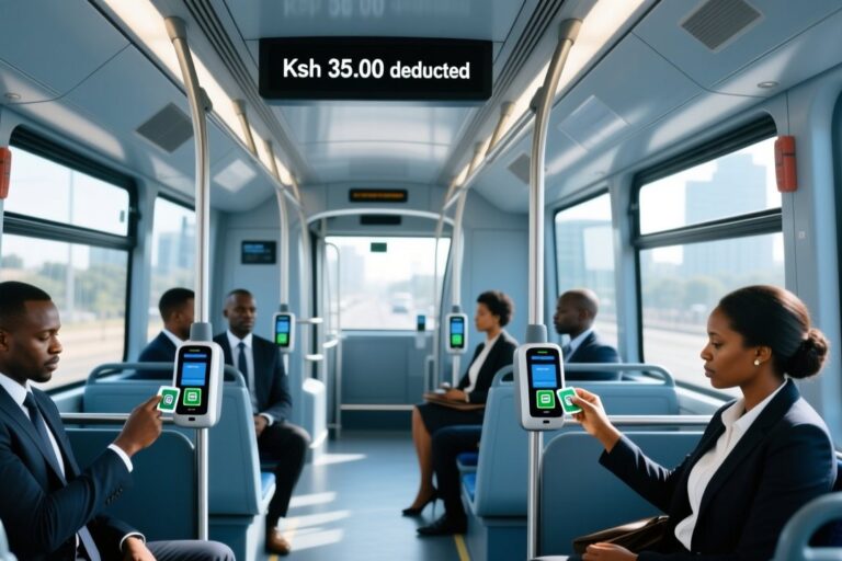 Nairobi smart bus RFID ticketing with passenger tapping contactless card on validator