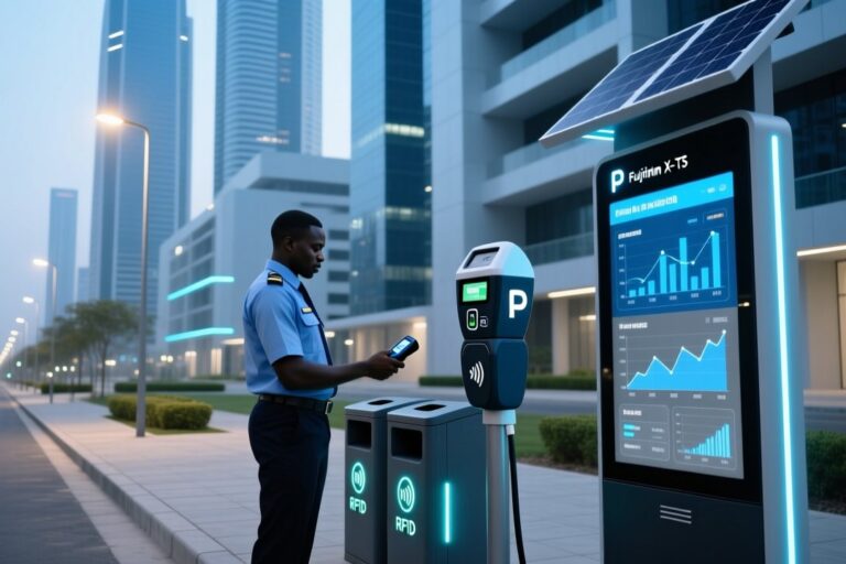Smart city RFID parking and waste bin tracking in East Africa with handheld reader and tagged bin on modern street