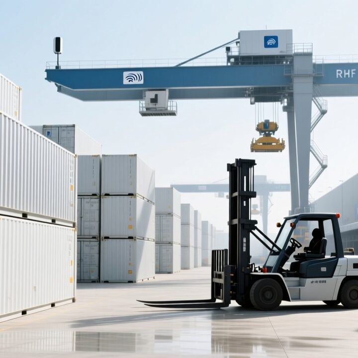 Port yard with containers and outdoor UHF RFID tag achieving long read range