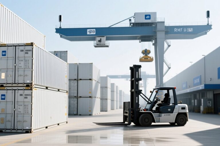 Port yard with containers and outdoor UHF RFID tag achieving long read range