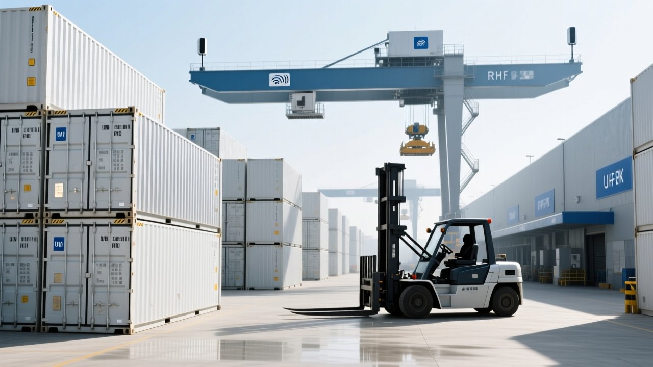 Port yard with containers and outdoor UHF RFID tag achieving long read range