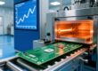 High-temperature RFID tag on a PCB board entering a reflow soldering oven, industrial electronics manufacturing