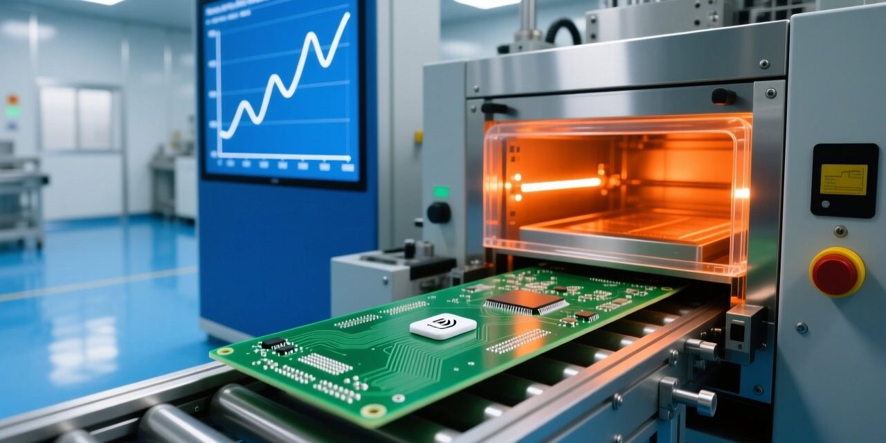 blog-cover-1784526886718 High-temperature RFID tag on a PCB board entering a reflow soldering oven, industrial electronics manufacturing
