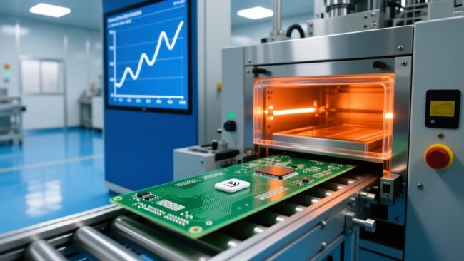 blog-cover-1784526886718 High-temperature RFID tag on a PCB board entering a reflow soldering oven, industrial electronics manufacturing