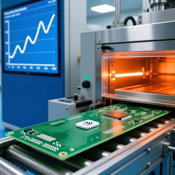High-temperature RFID tag on a PCB board entering a reflow soldering oven, industrial electronics manufacturing