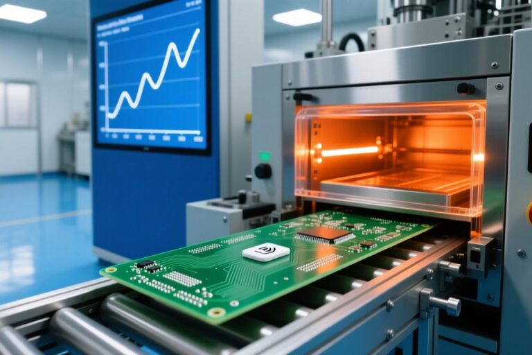 High-temperature RFID tag on a PCB board entering a reflow soldering oven, industrial electronics manufacturing