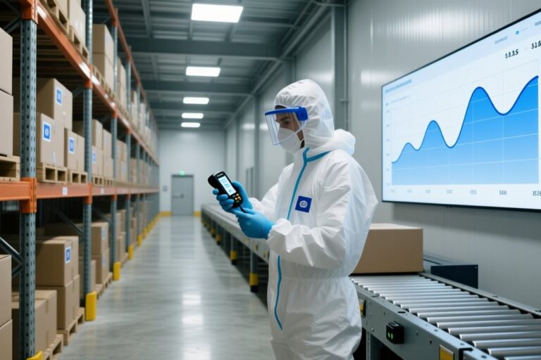 Cold storage warehouse with RFID temperature tags on boxes being scanned by a handheld reader