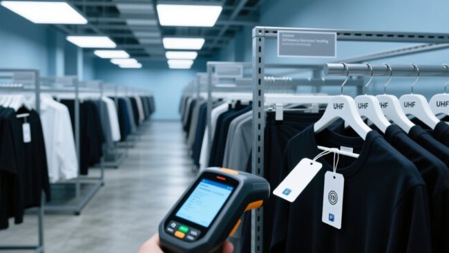 blog-cover-1784526905866 UHF hang tag and NFC inlay on fashion garment in warehouse inventory management scene