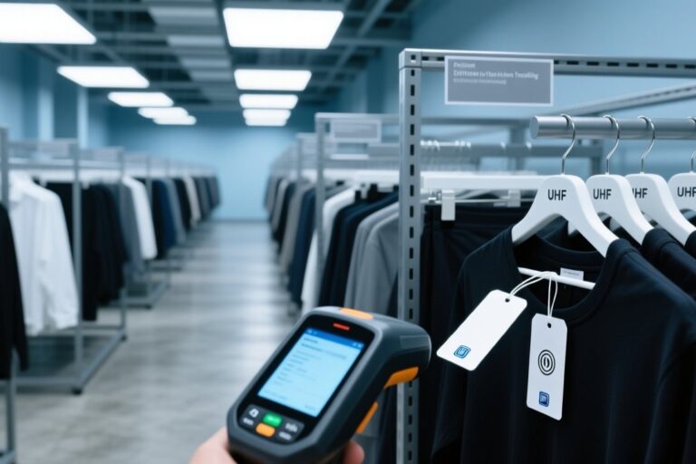 UHF hang tag and NFC inlay on fashion garment in warehouse inventory management scene