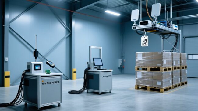 blog-cover-1784526912053 HF vs UHF RFID frequency spectrum selection guide with industrial RFID tags and reader device comparison