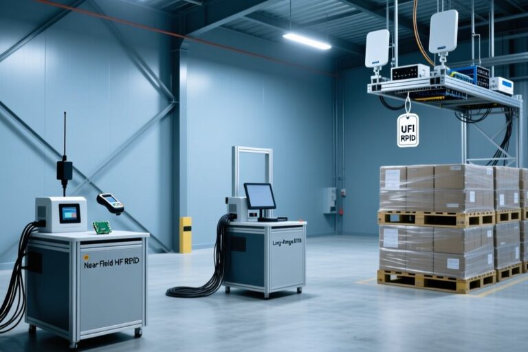 HF vs UHF RFID frequency spectrum selection guide with industrial RFID tags and reader device comparison