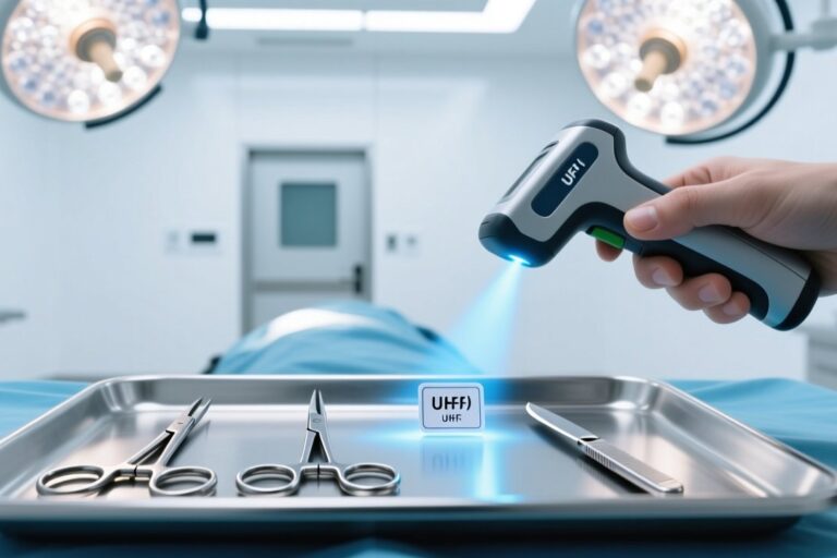 Miniature RFID tag on surgical instrument being scanned for inventory management