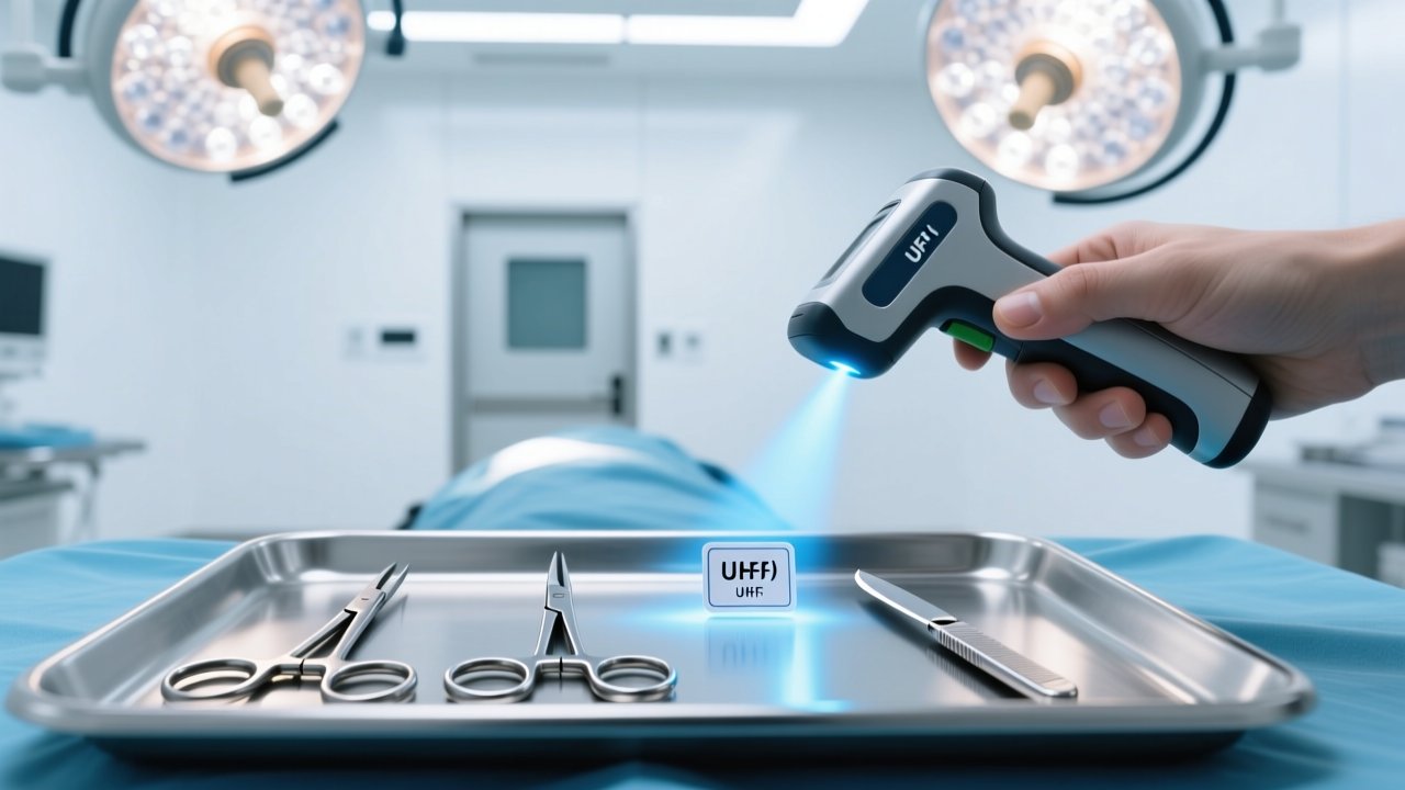 Miniature RFID tag on surgical instrument being scanned for inventory management