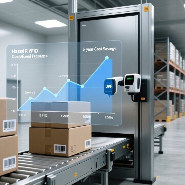 RFID tag total cost of ownership 5-year calculation model concept with cost analysis graph overlay